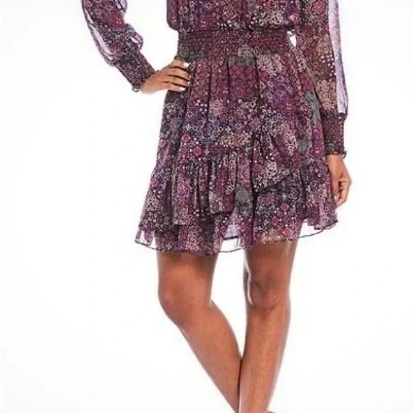 MICHAEL Michael Kors patchwork Georgette smock-waist Floral Long Sleeve Dress - Picture 4 of 14